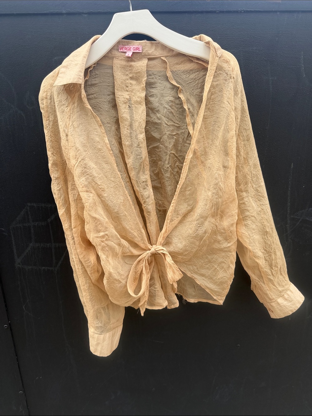 Verge Girl Sheer Tie-Front Button Down Blouse in gold beige